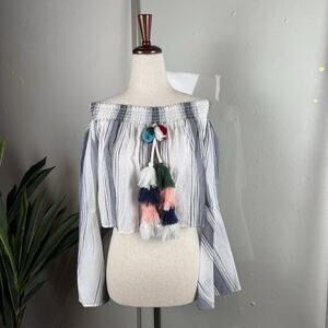Anthropologie Lilka Off the Shoulder Pom Pom Tassel Crop Top Bell Sleeve XS NWT